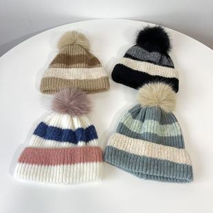 韩国东大门代购秋冬保暖毛球帽女可爱拼色针织帽清纯护耳帽防冻帽