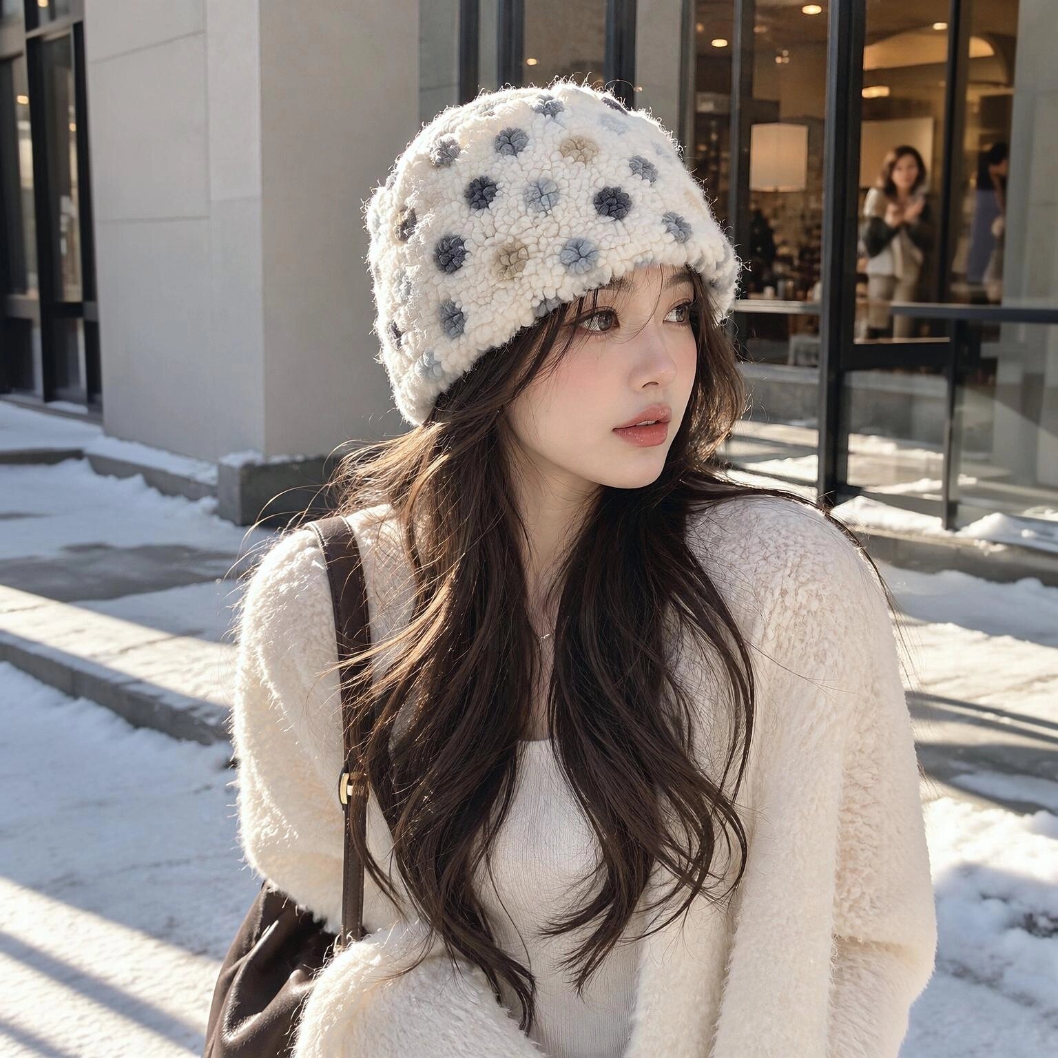 ins可爱波点毛绒堆堆帽女保暖