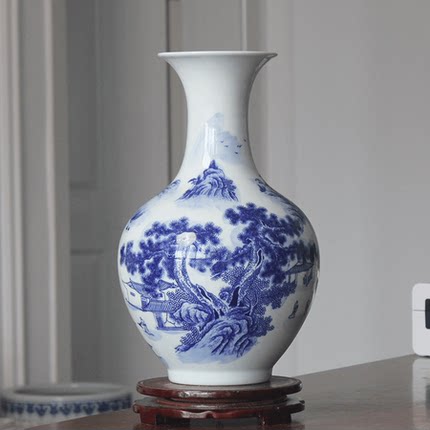 景德镇陶瓷器客厅酒柜摆件新中式青花山水家居电视柜装饰插花花瓶