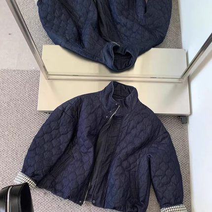 曼城记忆 本期重磅 撞色翻边牛仔菱格纹拉链外套 复古牛仔小棉服