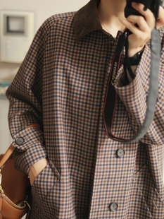 显瘦大衣 格纹拼领大衣 复古格纹外套 日本贵牌大衣 复刻经典