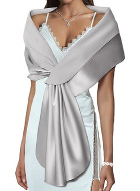 欧美女士缎子披肩新娘婚长款外搭婚纱礼服礼仪接待披件香槟色围巾