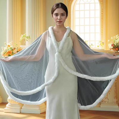 希腊风白色网纱披肩新娘礼服搭仙气质中长款晨袍宽松薄纱斗篷披风