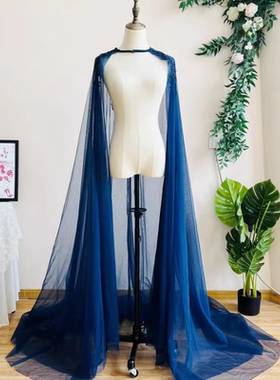 欧美女士蓝色披肩手工贴花长拖尾斗篷新娘披风走秀古风网纱舞台装