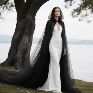 女 连帽复古cosplay披风男女通用舞台装 黑色双层网纱斗篷欧美薄款