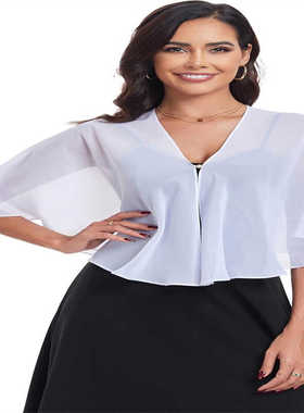 女式白色雪纺开衫透明飘逸短款外套夏季外出防晒披肩礼服外搭上衣