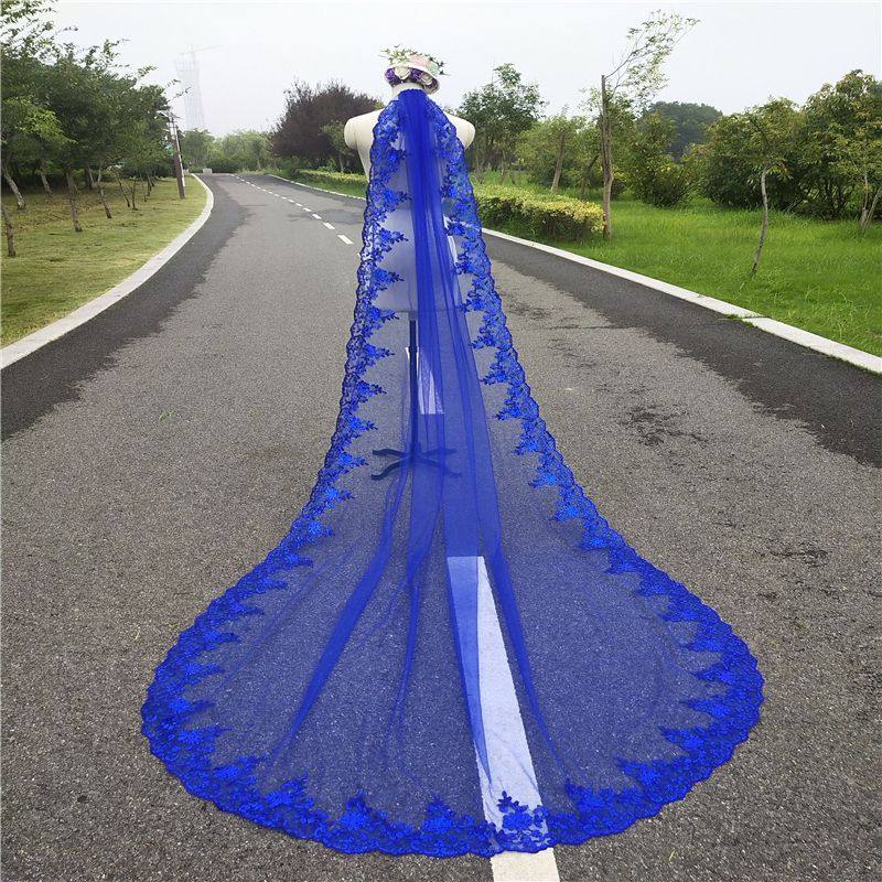 时尚新娘外景拍照头纱蓝色大教堂网纱加蕾丝花边头饰舞台走秀配饰