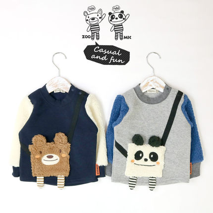 日本 ZOOMIC 2025冬季 小童装宝宝拼接色挎包熊加绒保暖圆领卫衣