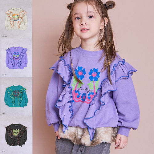 日本 MARKEYS 2026春秋女童对衬波浪荷叶花边向日葵字母圆领卫衣