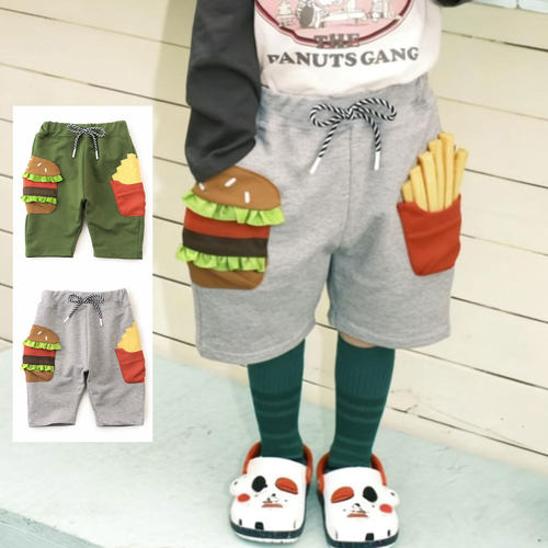 日本 BITZ 2026夏儿童裤卡通刺绣薯条汉堡大口袋松紧腰带5分短裤