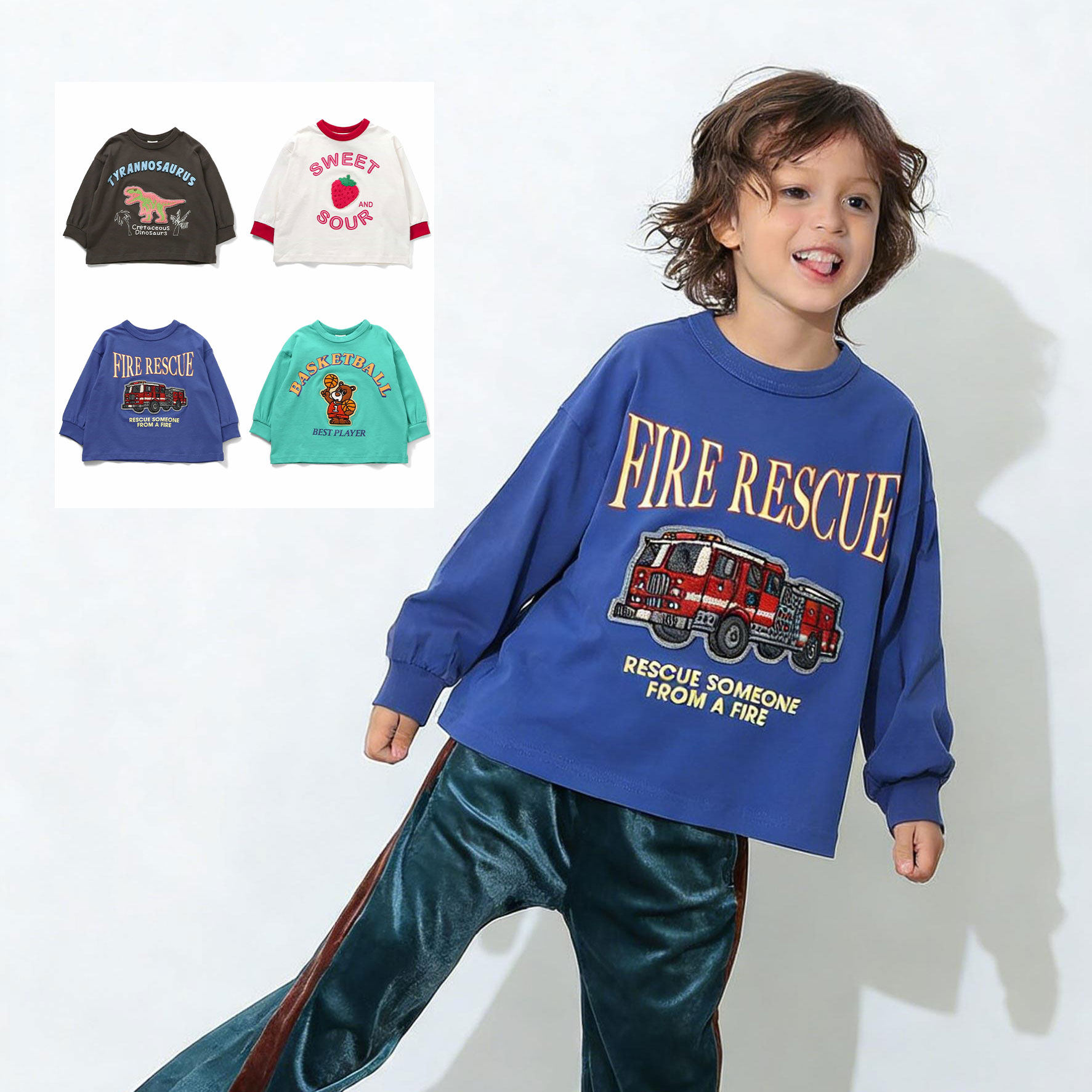 日本 BREEZE 2026春儿童刺绣消防车恐龙薯条小熊宽松运动长袖T恤