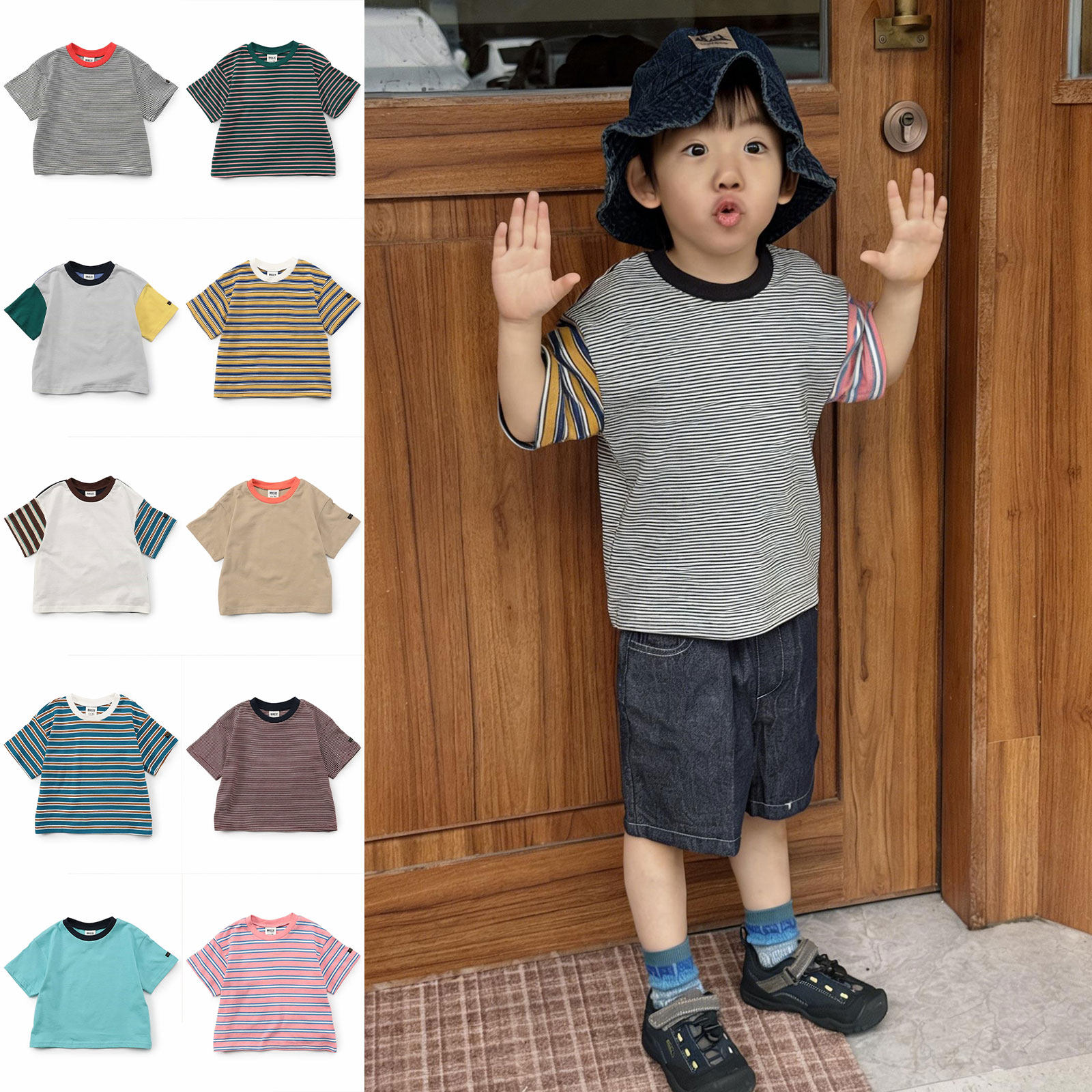 日本 BREEZE 2026夏儿童装马卡龙糖果色条纹百搭休闲圆领短袖T恤