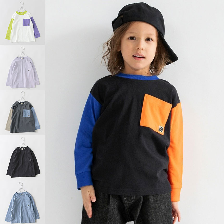 日本 branshes 2026春秋儿童装撞色口袋拼色长袖圆领宽松休闲T恤