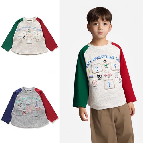 日本 BITZ 2025春儿童装刺绣自行车足球篮球帆船拼色插肩长袖T恤