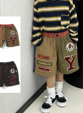 日本 FOKIDS 2026夏儿童裤美式复古刺绣logo徽标松紧腰5分裤短裤