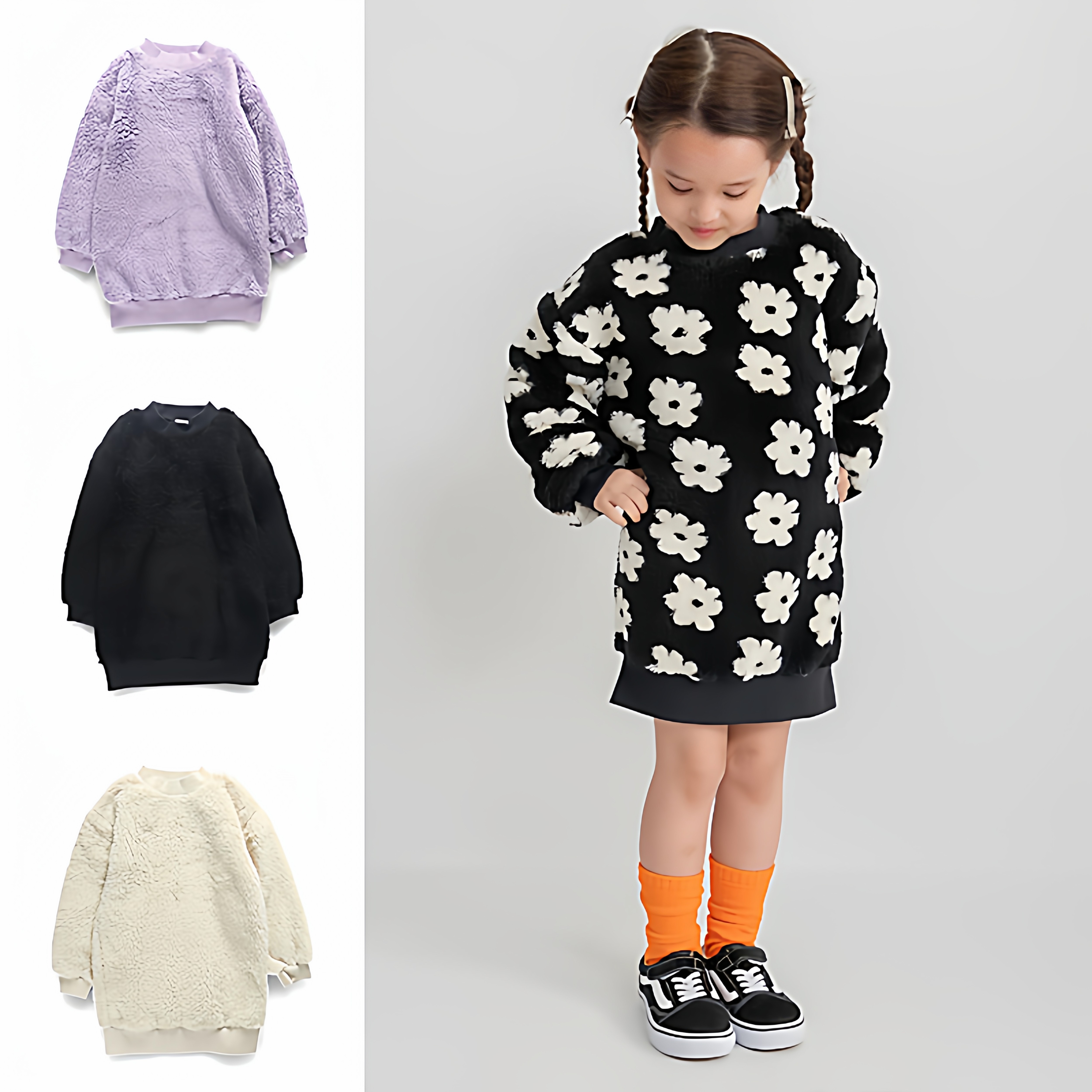 日本 branshes 2025秋冬女童立体毛球珊瑚绒保暖圆领长款外套卫衣