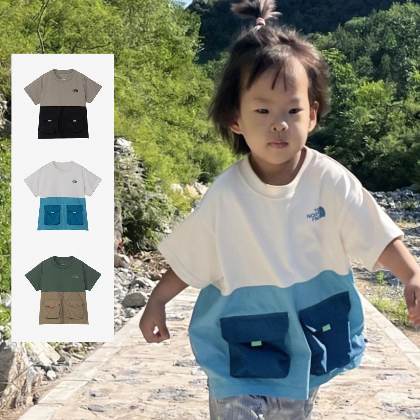 日本北面 the north face 2026夏儿童装拼色宽松口袋防晒运动T恤