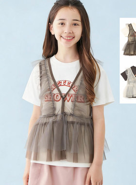 日本 FOKIDS 2026春夏女童飘逸雪纺背心英文字母圆领短袖T恤套装