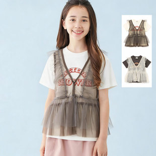 日本 FOKIDS 2026春夏女童飘逸雪纺背心英文字母圆领短袖T恤套装