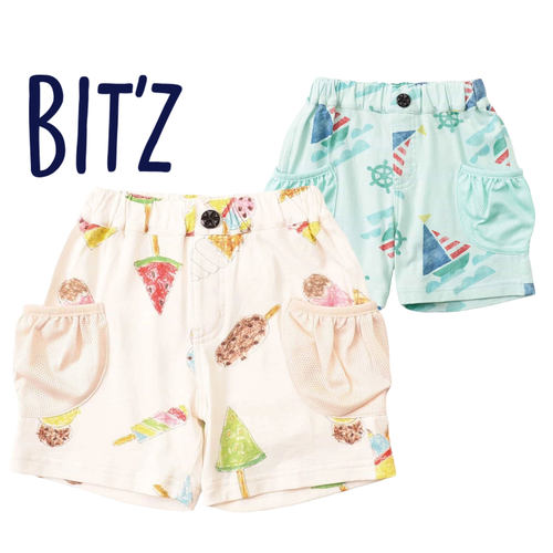 日本BITZ 2025夏儿童卡通冰激凌雪糕帆船宽松网眼口袋4分休闲短裤