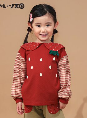 日本 zoomic 2025春秋女童装卡通草莓拼色大翻领上衣运动长袖T恤