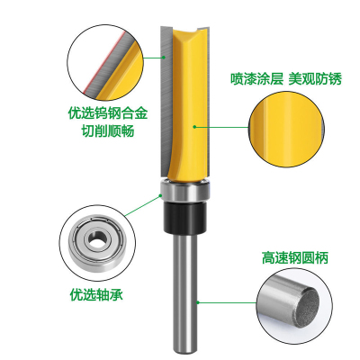 木工仿型修边刀修边机刀头开槽1/4柄仿形轴承直刀修边刀木工铣刀