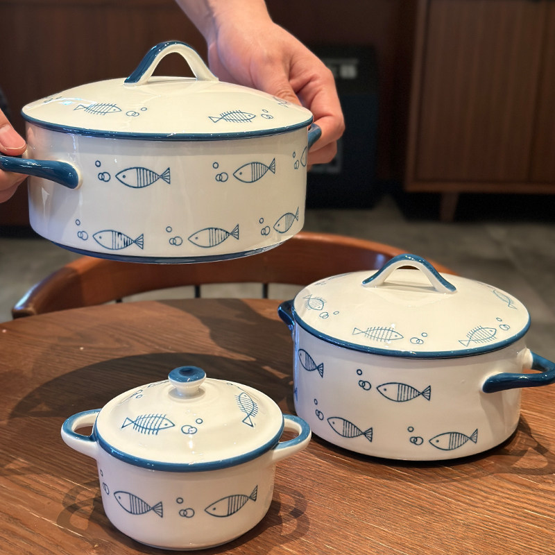 年年有鱼釉下彩炖盅！高温陶瓷蒸蛋炖燕窝汤盅双耳小碗带盖泡面碗