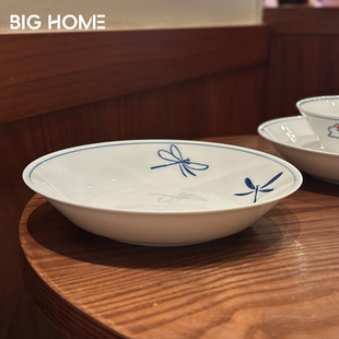 釉下彩汤盘！手绘日式陶瓷加深盘子复古家用菜盘浅口碗餐厅沙拉盘