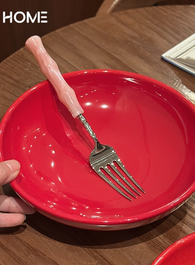 Tuxton新年红色陶瓷沙拉碗！家用菜碗拌面碗餐盘微波炉适用深汤盘