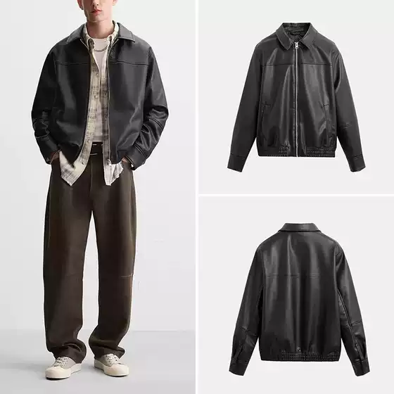 Men's Fashionable Loose-Fit Faux Leather Jacket with Notched Collar and Zipper, Spring New Arrival 4027300