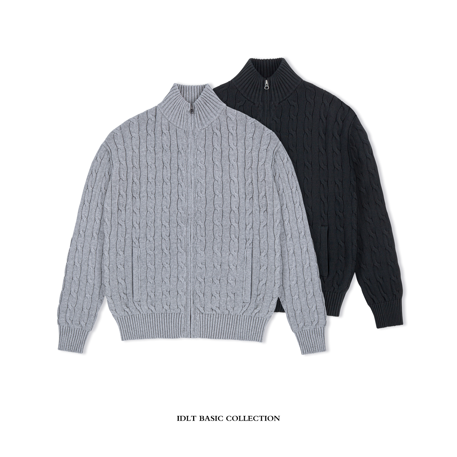 IDLT 正肩 绞花针织拉链开衫合身外套纯棉毛衣男女美式复古老钱风