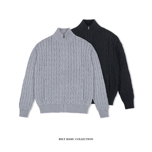 IDLT 正肩 绞花针织拉链开衫合身外套纯棉毛衣男女美式复古老钱风