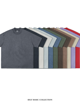 IDLT 成衣染 310g半高领重磅宽松复古做旧褪水洗全棉潮T恤男V0602