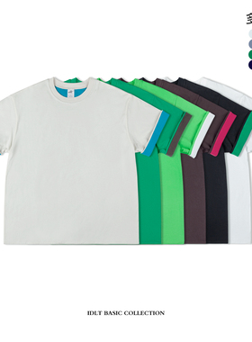 IDLT 双层撞色 480g宽松圆领T恤落肩全棉水洗重磅TEE男女绿色DT47