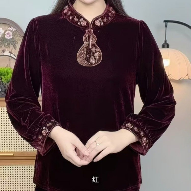 妈妈装新中式国风金丝绒立领上衣女士中老年洋气复古宽松打底小衫
