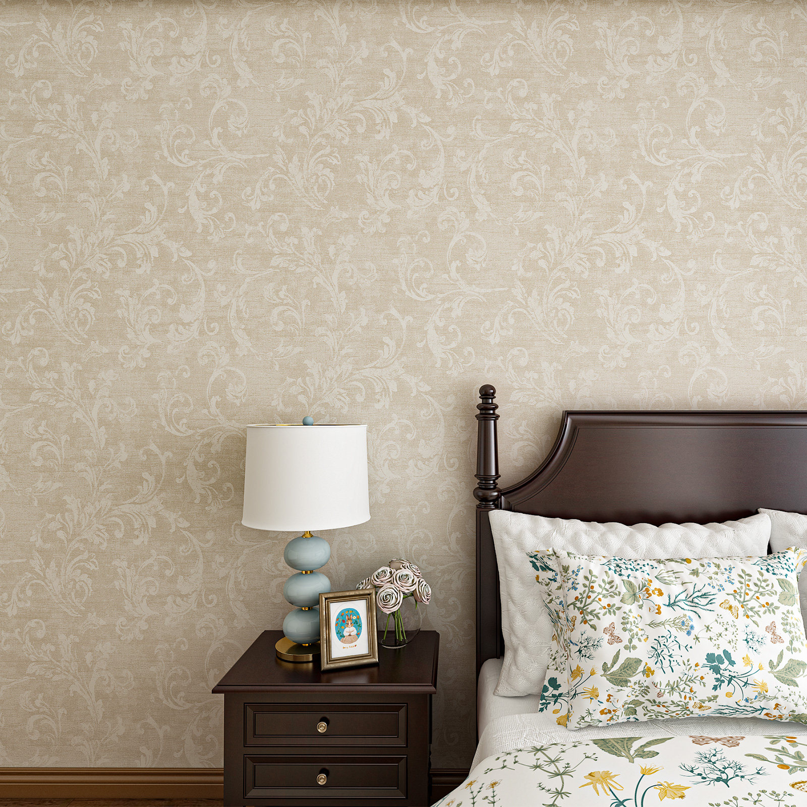 美式复古莨苕无缝墙布客厅卧室墙布背景墙大提花无壁布书房房间