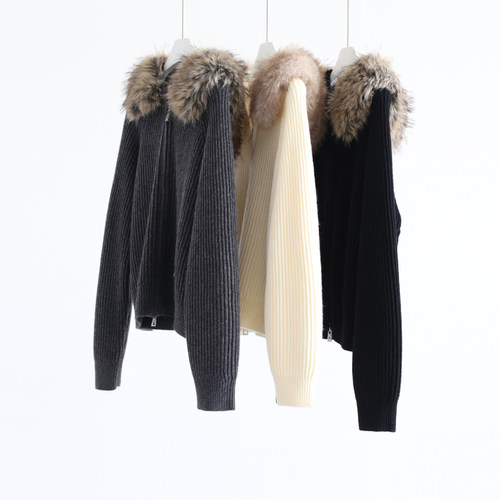 秋冬韩系可拆卸毛领针织开衫外套长袖坑条小个子双头拉链毛衣女