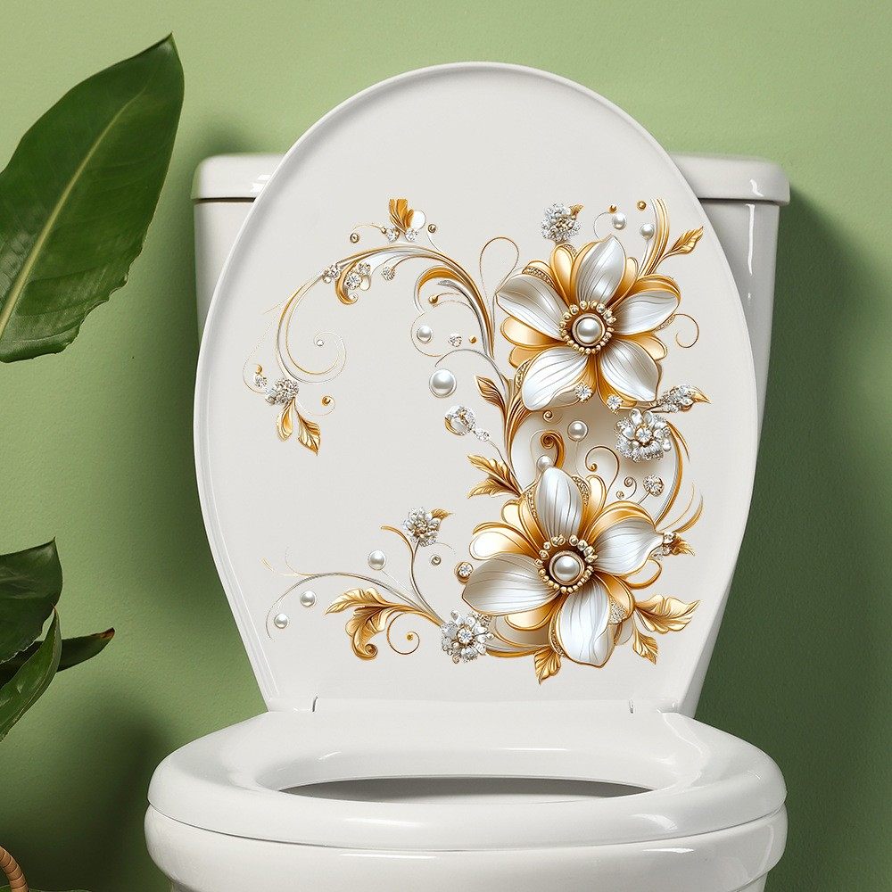 自粘马桶贴纸画防水掀盖贴卫生间洗手间装饰可移除珍珠花朵叶图案,家居饰品,马桶贴,淘宝优惠券,粉丝福利购,淘宝优惠卷