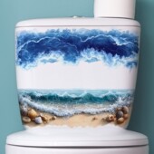自粘马桶贴纸画防水掀盖贴卫生间洗手间装 饰可移除沙滩海浪图案