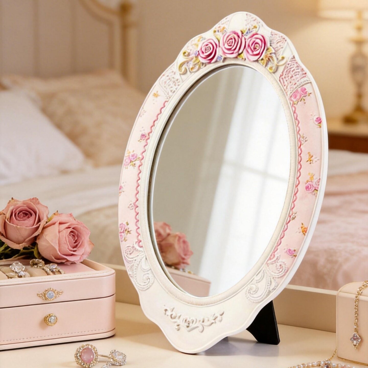 欧式田园树脂化妆镜玫瑰梳妆镜台式桌面雕花椭圆美妆镜可挂可摆放