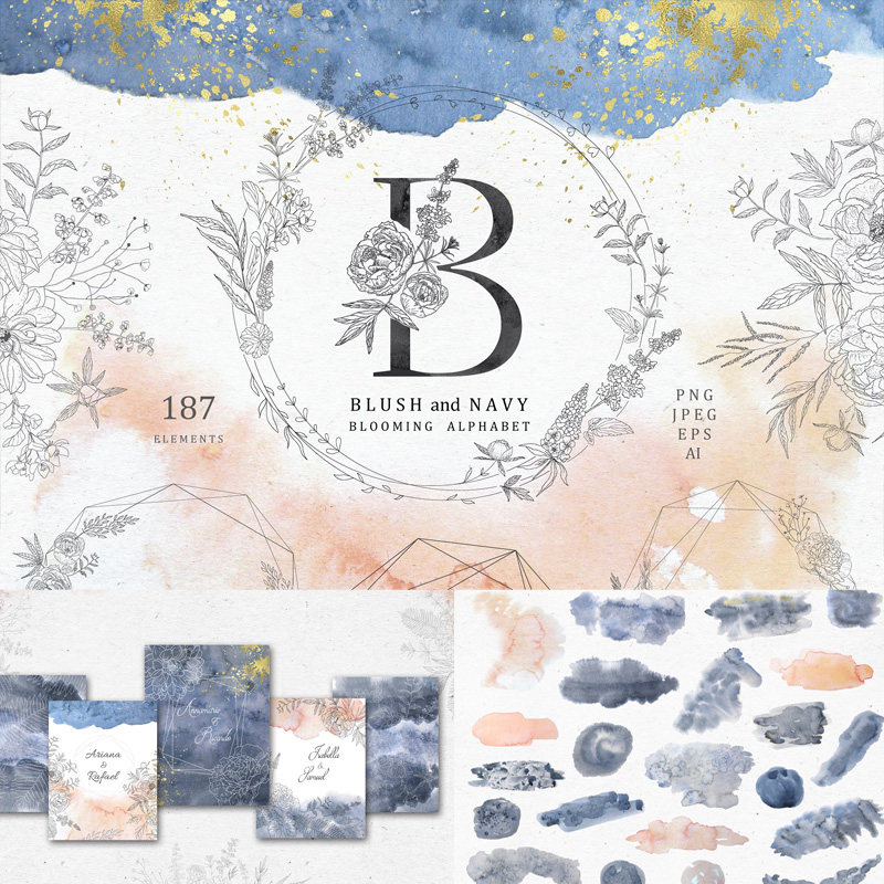 淡雅水彩水墨风艺术英文字母数字邀请函卡片模板png免扣设计素材