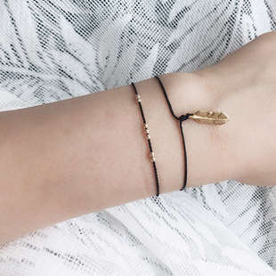 现货 Frank羽毛银镀24k金黑色极细手链本命年情侣手绳 瑞士Vivien