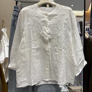 原单LZO亚麻重工刺绣排扣九分袖白色衬衫女春款文艺风竖圆领上衣