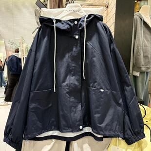 女宽松大版 抽绳连帽拉链开衫 显瘦纯色外套风衣 新款 实拍2026年春季