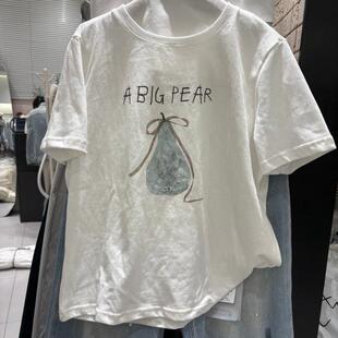 水果印花百搭上衣内搭夏 新款 实拍正肩圆领套头短袖 T恤女2026春季