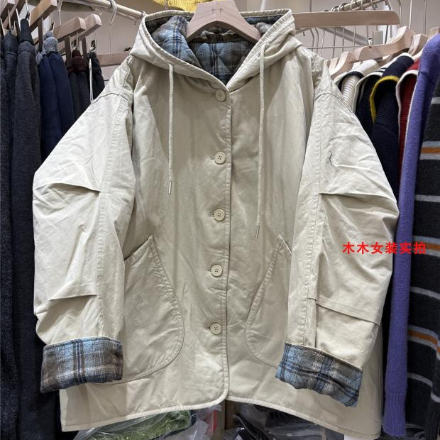日系一手长抽绳连帽夹棉中长款棉衣女宽松大口袋保暖外套2025冬季