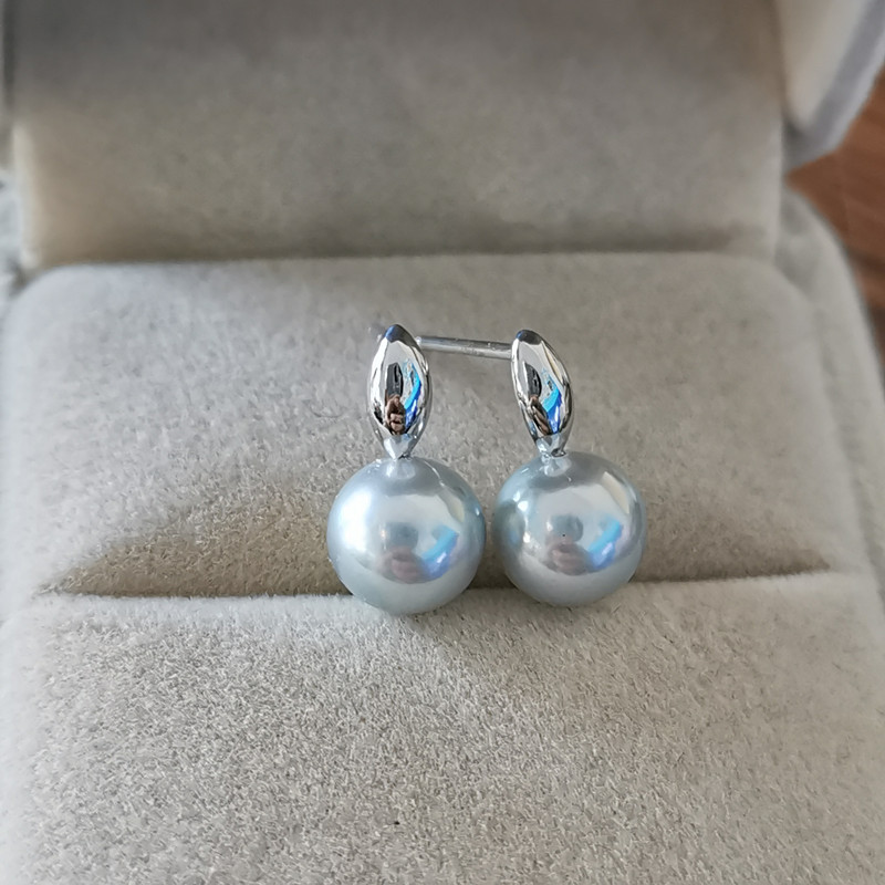 日本银蓝真多麻耳钉18K黄金气质银灰海水珍珠akoya耳环耳饰水滴款