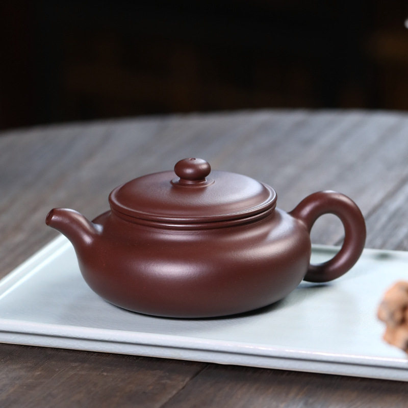 全手工紫砂壶宜兴原矿老紫朱泥仿古泡茶壶大口扁腹功夫高档茶具