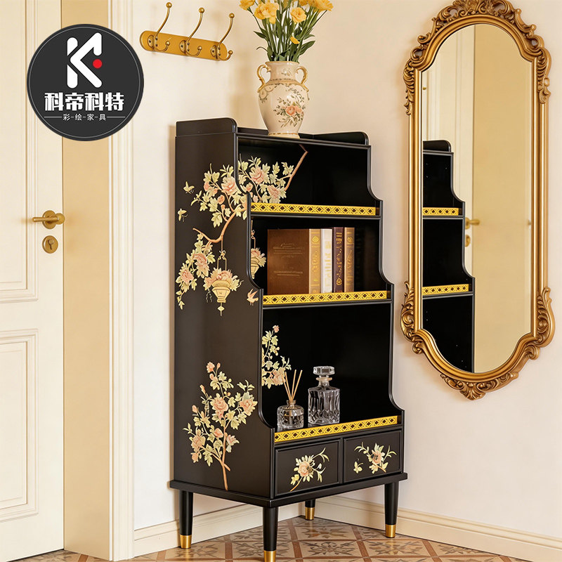 法式复古实木书柜美式书架家用落地客厅展示柜彩绘中古风收纳柜