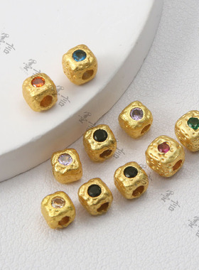 18k包金保色哑金镶锆石正方粒4.5mm隔珠孔珠手链项链diy饰品配件